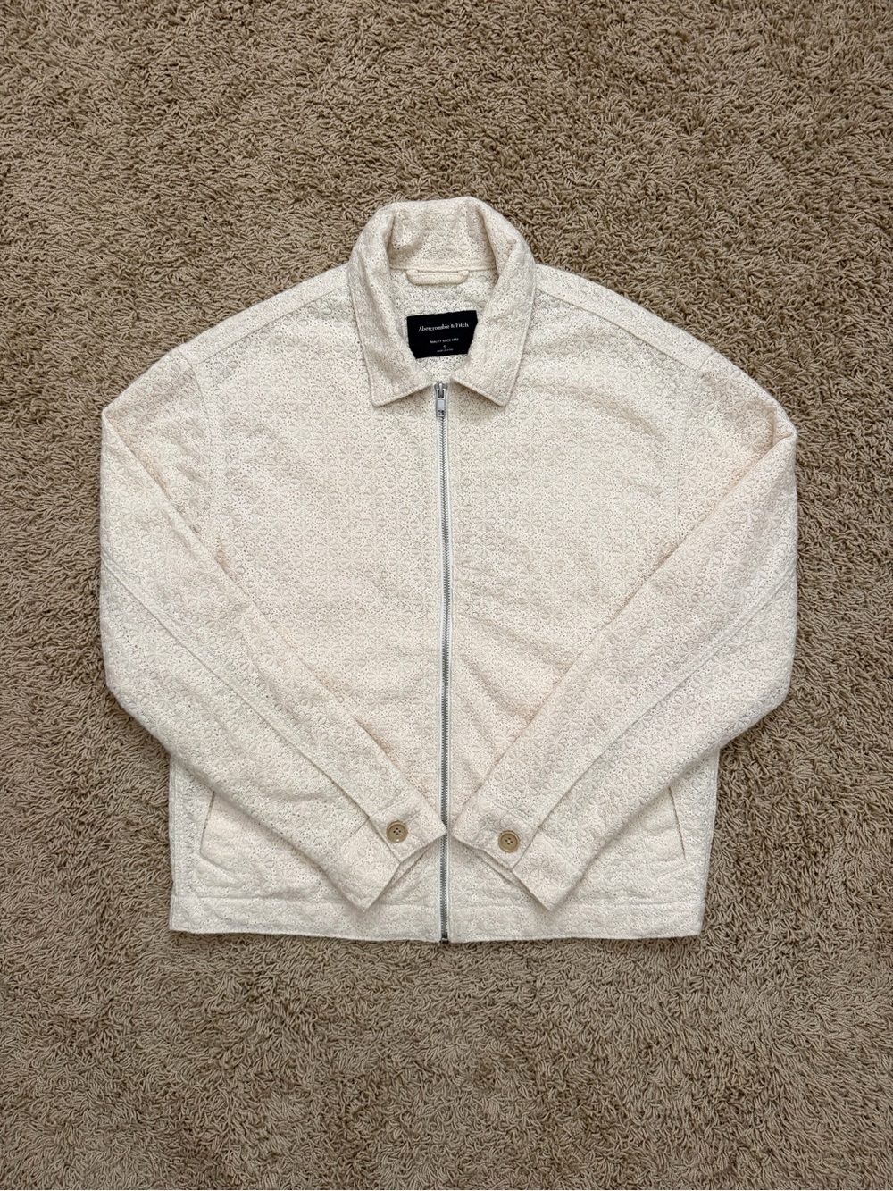 Abercrombie Fitch Trucker Floral Weave Texture Light Jacket Cream Men’s Sz Small